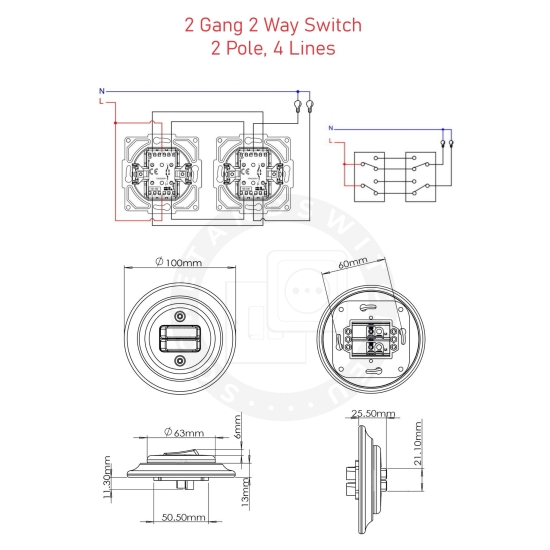 Flush-Mounted Double Stairs Light Metal Toggle Ceramic Switch / 2 Gang Two-Way Switch