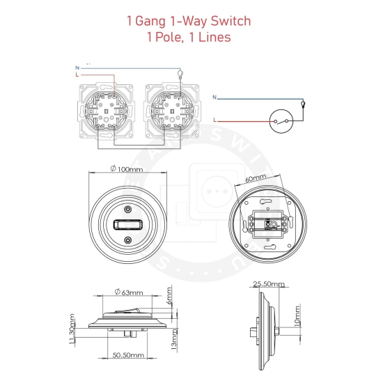 Flush-Mounted Single Light Rocker Switch / 1 Gang One-Way Switch